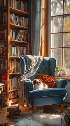 Cozy Blue Armchair with Bookcase and Dogs for Stock Photo